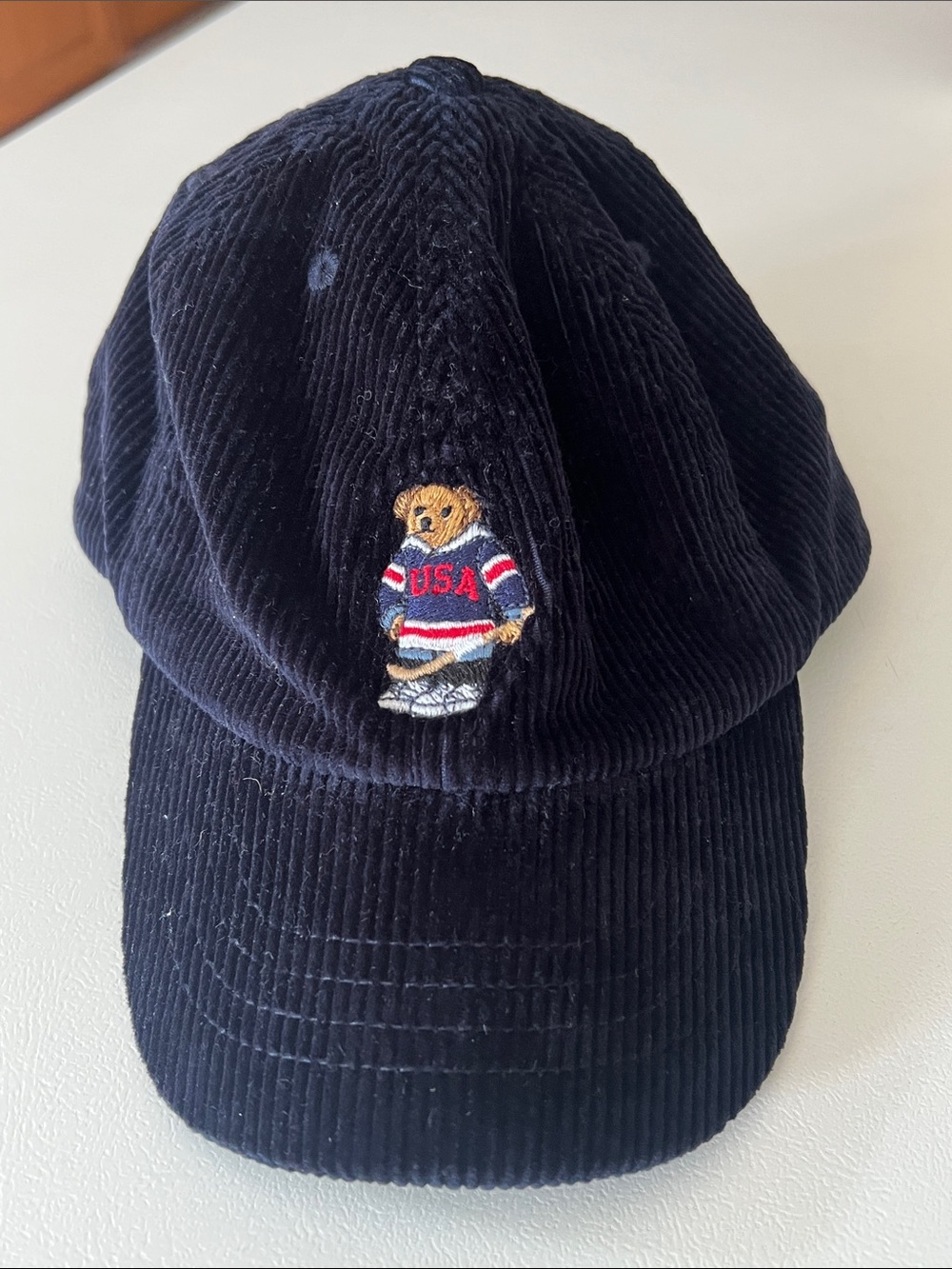 Polo by Ralph Lauren Navy Corduroy Kids Baseball Cap with Bear Patch USA Hockey